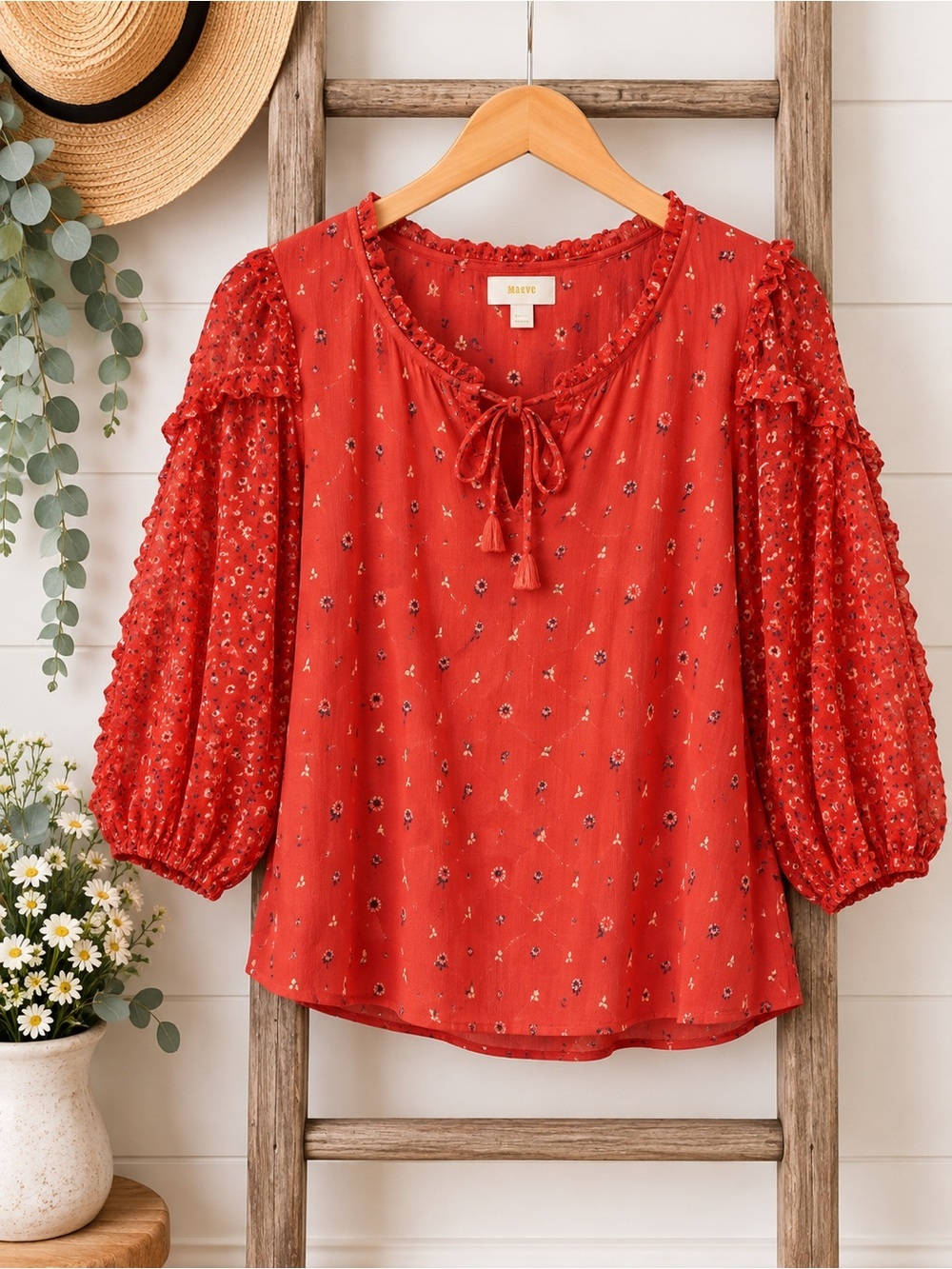 Maeve Anthropologie Coral Red Peasant Blouse Ruffle Sleeve Boho Tie Neck